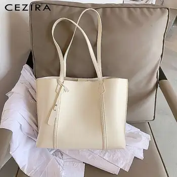 

CEZIRA Simple Design Solid Color Women PU Leather Tote Fashion Style Shoulder Bag Female Daily Large Handbags Travel Laptop Bags