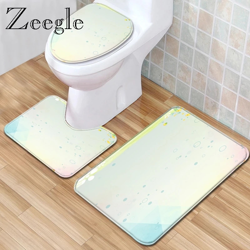 Zeegle Printed Bathroom Bath Mat Set Toilet Lid Cover Water Absorption Toilet Floor Mat Shower Room Rug Bathroom Decoration Mat