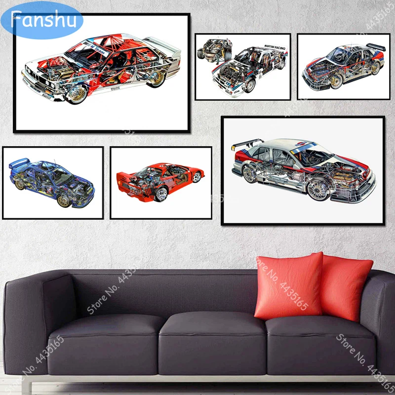 Автомобильный компонент диаграмма постер Супер гоночный автомобиль Cutaway холст