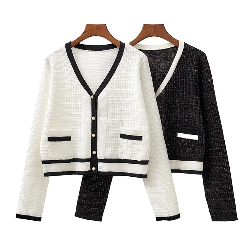Укороченный женский кардиган свитера короткий блестящий черный белый свитер с