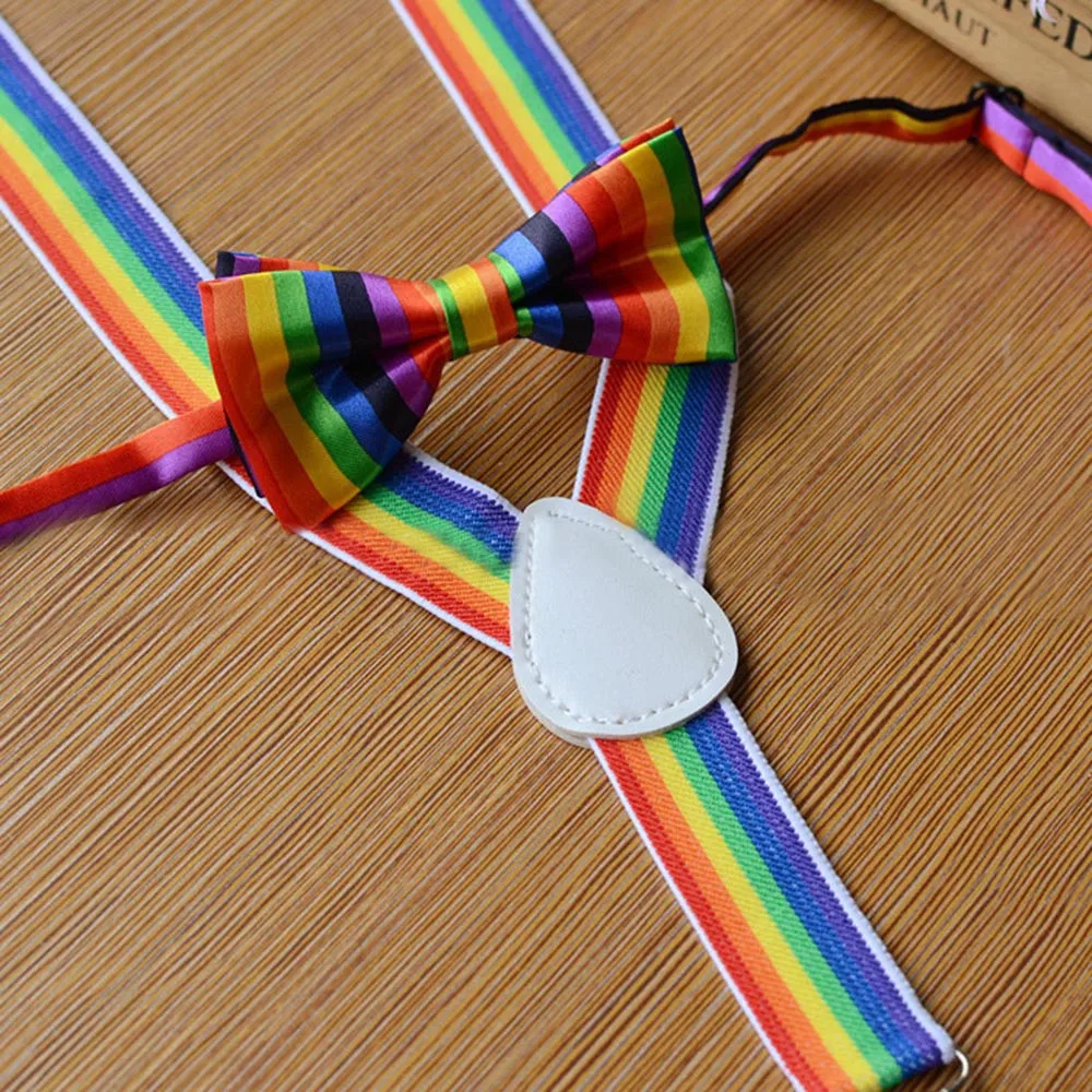 Детский комплект с разноцветными подтяжками и радужным галстуком-бабочкой для мальчиков и девочек, Детский комплект с разноцветным галстуком-бабочкой на застежке для брюк