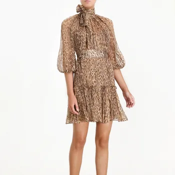 

New Fashion female leopard print dress lace bowknot of fund joker falbala lantern sleeve