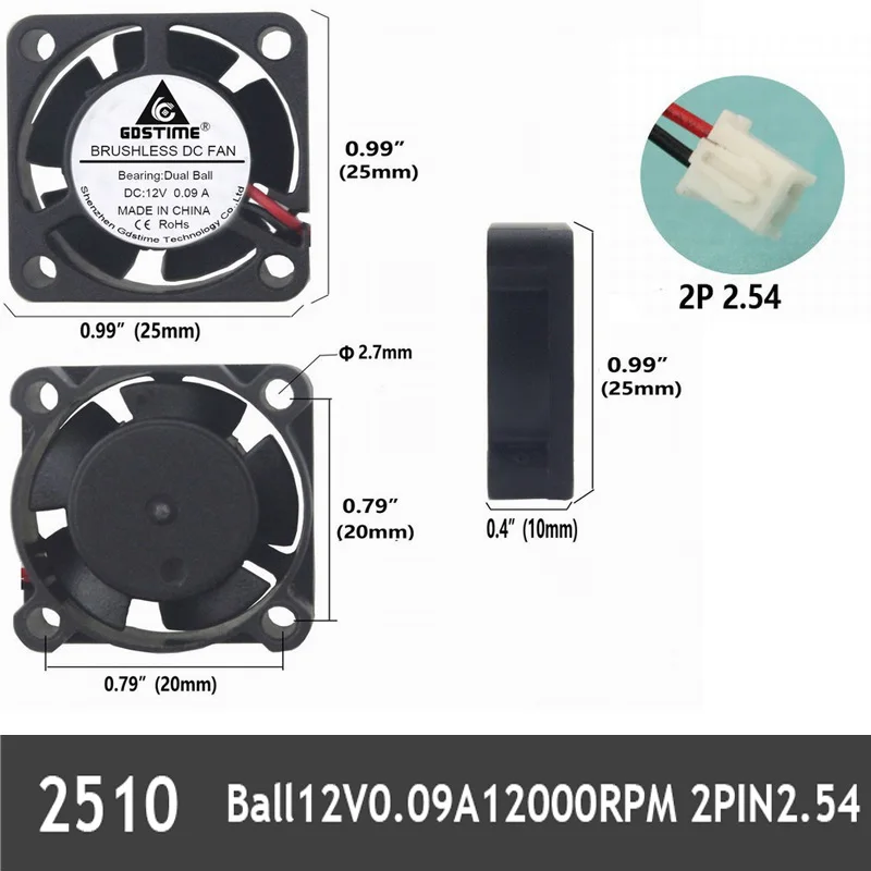 Gdstime 1pcs 25x25x10m 12V 0.09A DC Cooler Fan 2510 25mm Small With 2pin refrigerator Cooling | Компьютеры и офис