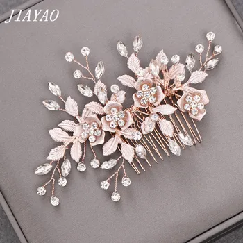 

Rose Gold Flower Hair Comb Hair Accessories For Women Rhinestone Elegant Wedding Hair Combs Bridal Head Jewelry Flower