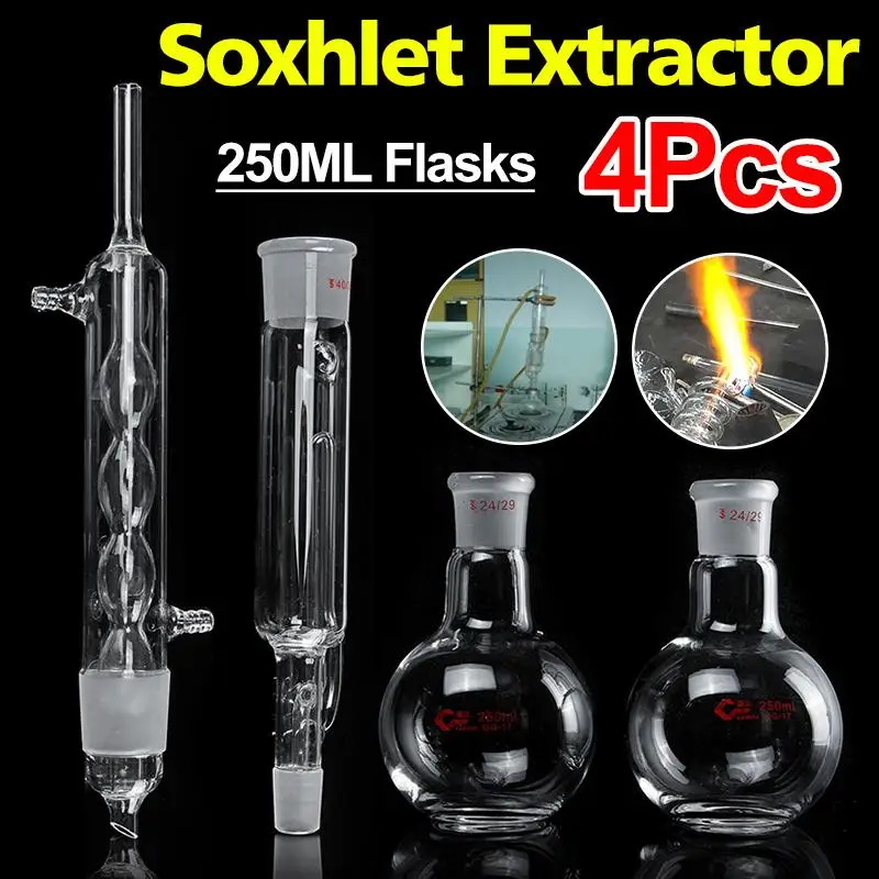 

4Pcs Lab Glassware Soxhlet Extractor Condenser Set with 24/29 250ml Flat Bottom Flask+40/38 Tube Distillation Lab School Supply