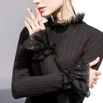 

Lugentolo Sweaters Women Autumn New Solid Color Speaker Long Sleeve Half-high Collar Slim Sexy Lace Plus Size XXXL