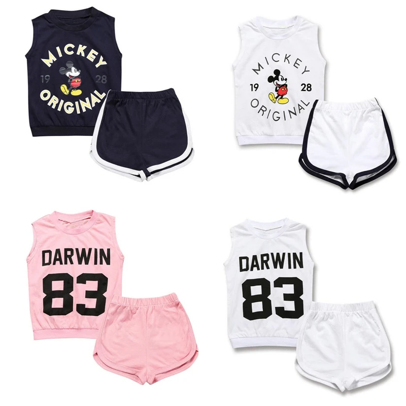 Комплекты летней одежды для маленьких мальчиков детские спортивные костюмы жилет с Микки Маусом+ шорты Детский комплект хлопковой одежды из 2 предметов для девочек