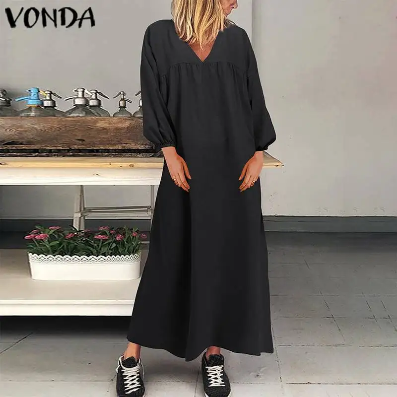 

VONDA Bohemian V Neck Solid Color Dress Loose Beach Sundress Maternity Maxi Long Dresses Evening Party Vestidos Pregnancy Robe