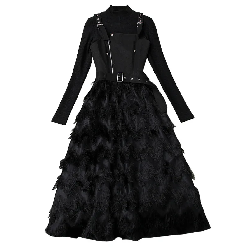 

Autumn spring women suit set turtlenck slim bottoming shirt T-shirt + feather strap dress black new arrival two-piece ac45