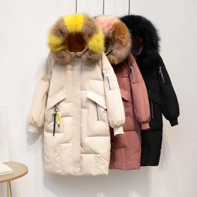

2019 Women Winter Long Coat Colorful Fox Fur Hooded Jacket Outwear Thick Warm Duck Down Coat Casaco Feminino Oversized Parkas