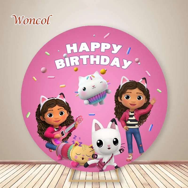 Woncol-fondo de fotografía redondo de casa de muñecas Gabby, telón de feliz  cumpleaños, decoración elástica personalizada, póster