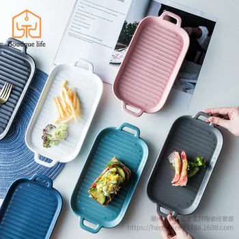 

Ceramic cake baking pan bread pan Baking Tray Tableware Dual Handle Rectangular Baking Tray Baking Dish Japanese-Style Matte