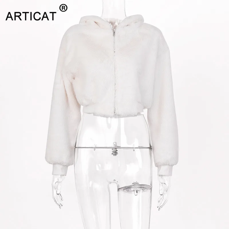 Articat/осенне-зимние женские толстовки с капюшоном из искусственной шерсти; белые короткие пуловеры на молнии; теплое пальто; свободные вечерние укороченные топы с капюшоном