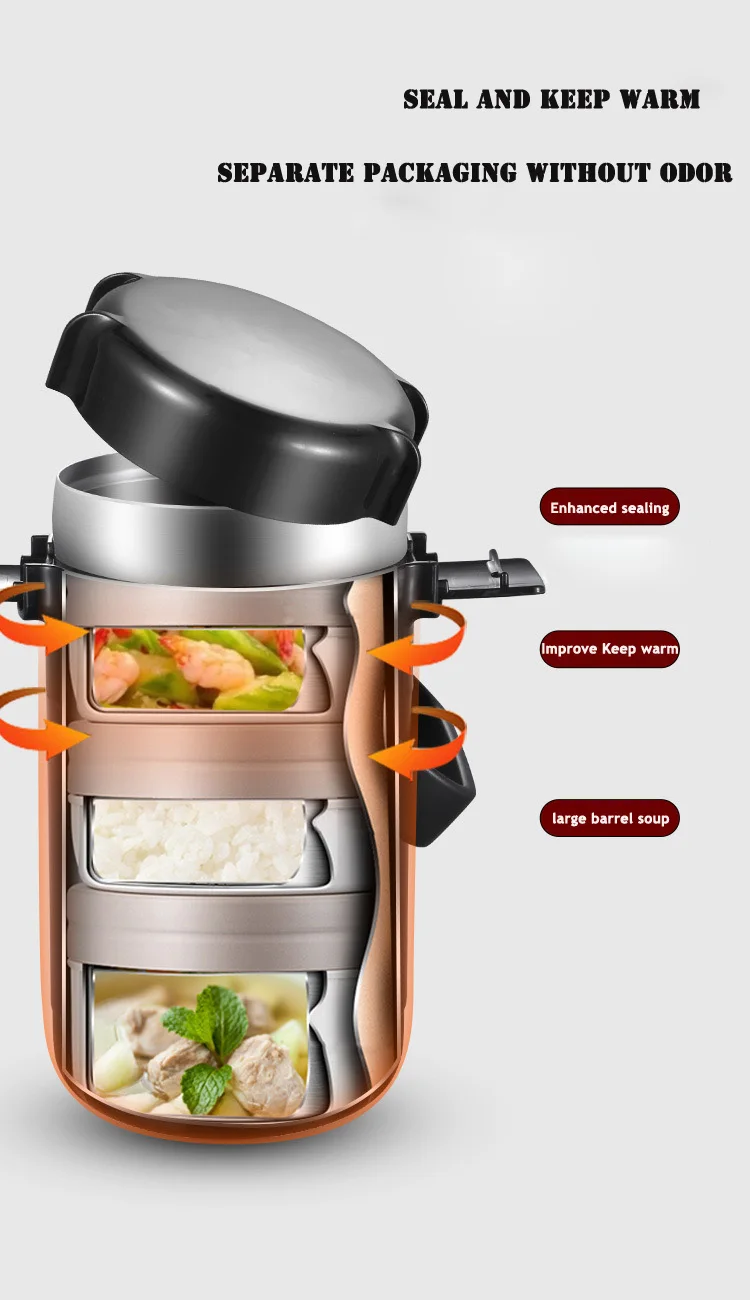 304 Stainless Steel Thermos Lunch Box Round Leak-Proof Multilayer Sealed Insulated Food Storage Container Work School Bento Box 2.6 Liter