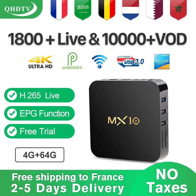 

IPTV France Spain Netherland MX10 Andriod Tv Box with 1 Year QHDTV Code IPTV French Germany Arabic Belgium USB 3.0 4K HD IP TV