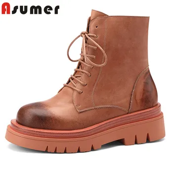 

Asumer 2020 newest flat platform shoes women genuine leather ankle boots round toe comfortable vintage ladies short boots