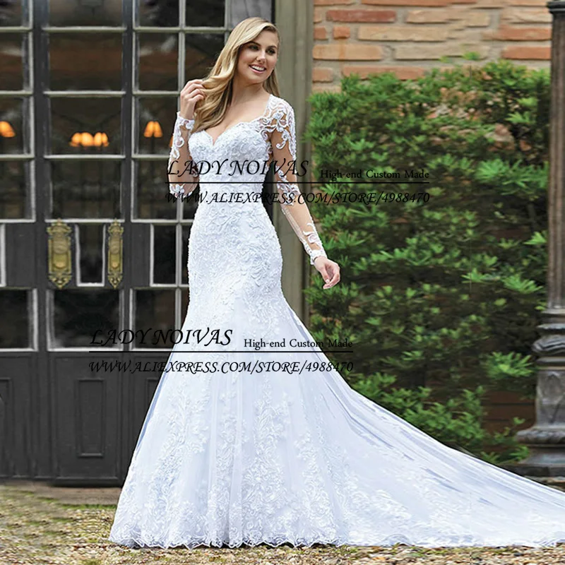 Мода Иллюзия Элегантные Свадебные платья Русалка Vestido De Noiva Princesa Длинные рукава белые свадебные платья с аппликацией платье