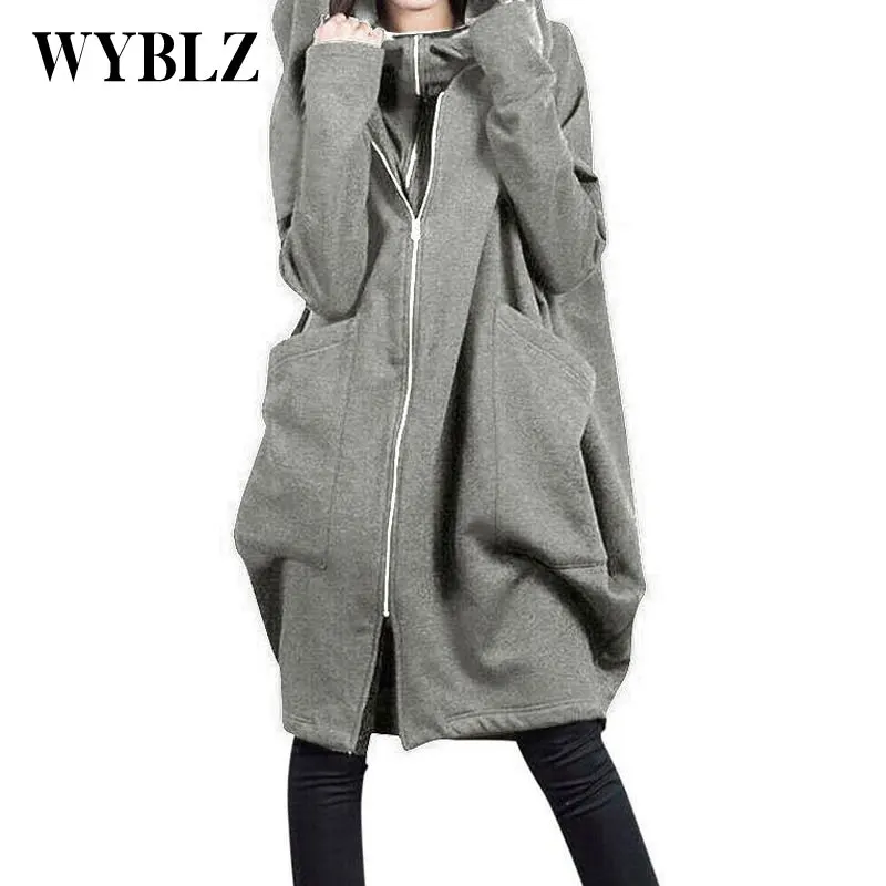 WYBLZ Women's Hooded Spring Autumn Fake Two-piece Medium Long Sweater Female Warm Pocket Zipper Loose Sleeve Jacket New | Женская