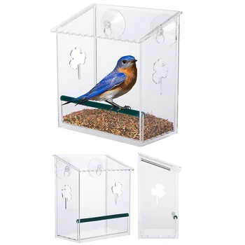 

Easy Install Food Tray Birdhouse Acrylic Window Bird Feeder Outdoor Birdfeeder With Suction Cups Wall Hanging For Wild Birds