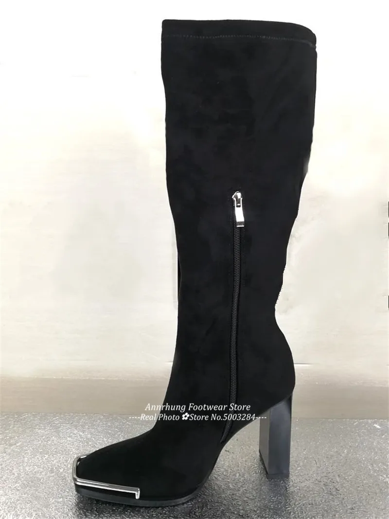 Metal Square Toe Boots Women Side Zip Slim Mid-calf Party Bottes Autumn New Shoes High Square Heel Fashion Boots Women 43 - Цвет: Black Suede