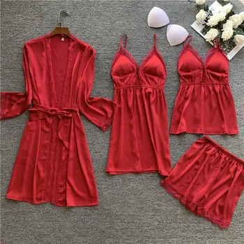 

4 Pieces Pajamas For Women Sexy Lace Robe Suit Large Size Pajamas Set Long Sleeve Ice Satin Silk Sleepwear With Chest Pads