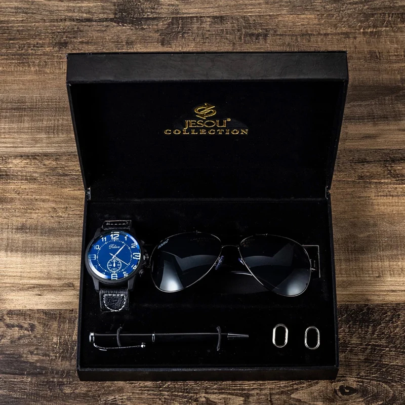 Для мужчин часы комплект кожа Ретро кварцевые наручные часы солнцезащитные очки шариковая ручка с запонки подарочный набор для бойфренда