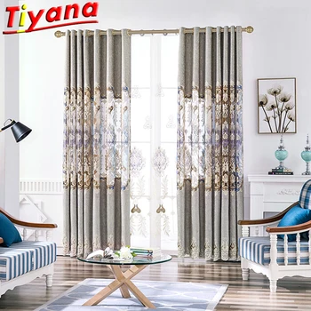 

Luxury European Grey Geometric Embroidery Curtains for Living Room Semi Blackout Hollow Chenille Curtains for Bedroom #VT