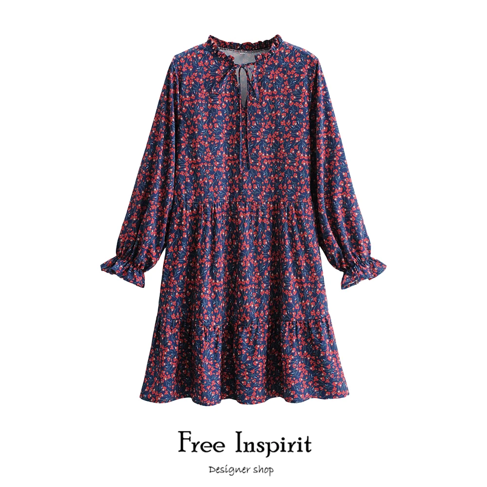 

Free Inspirit New Arrival Vintage Style A-line Flower Pattern Print Stand Collar Long Sleeve Women's Above Knee Dress