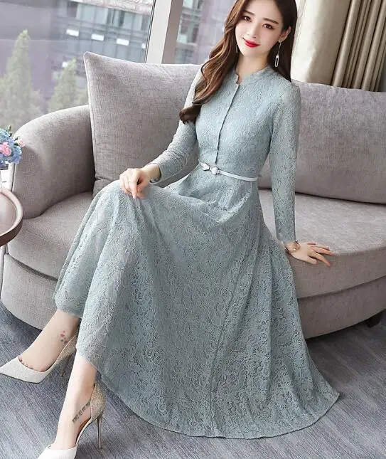 

2019 Autumn New Arrival Plus Size High Quality Elegant Solid Color Stand Collar Woman Long Lace Dress With Belt
