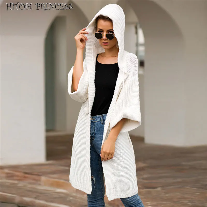 

HITOM PRINCESS Winter Long Hooded Cardigan Female Knitted Women Sweater Open Stitch Oversized Warm Cardigan Loose Sweater Coat