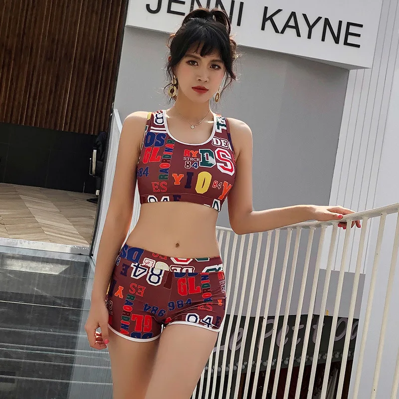 

2019 New Style Swimwear Casual Cute Split Type Boxer Lettered Large Size Belly Covering Slimming Bubble Hot Spring Swimsuit Wome