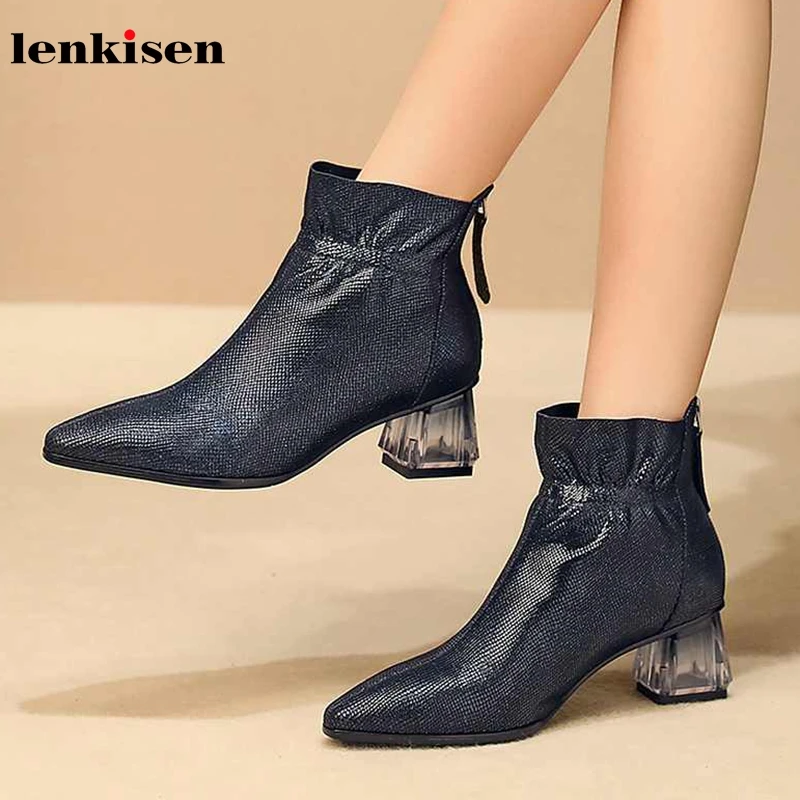 

Lenkisen high quality soft sheep leather crystal heels pointed toe high heels pleated keep warm winter women ankle boots L6f4