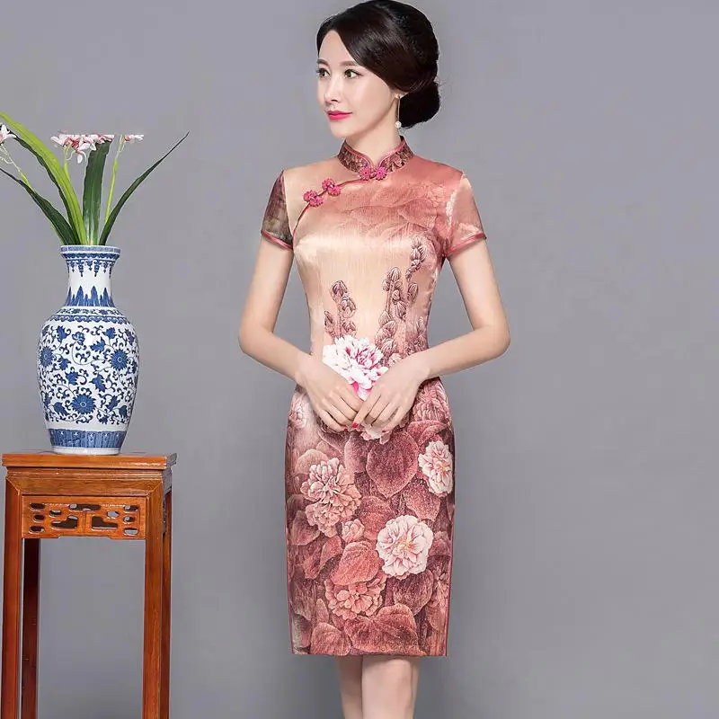 Сексуальный Qipao цветочный принт для женщин с высоким разрезом Vestidso сатиновое летнее новое платье Cheongsam воротник стойка короткий рукав вечернее платье - Цвет: Colour 11