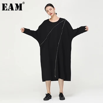 

[EAM] Women Zipper Split Joint Big Size Black Dress New Round Neck Long Sleeve Loose Fit Fashion Tide Spring Autumn 2020 1D959