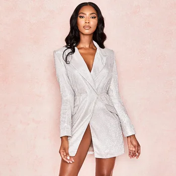 

New Office Lady sexy Wrap Glitter Dress women Autumn long sleeve Jacket Elegant solid party Silk Shiny Irregular dress XW-11