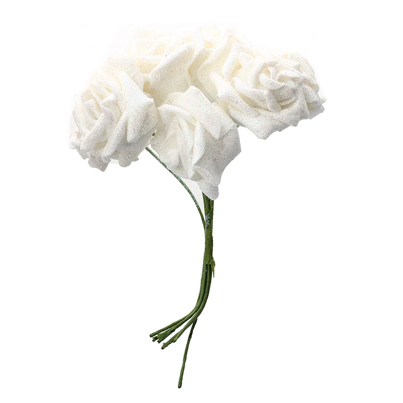 7 Foam Rose Artificial Flower Glitter Bridal Bouquet Home Wedding Decoration White