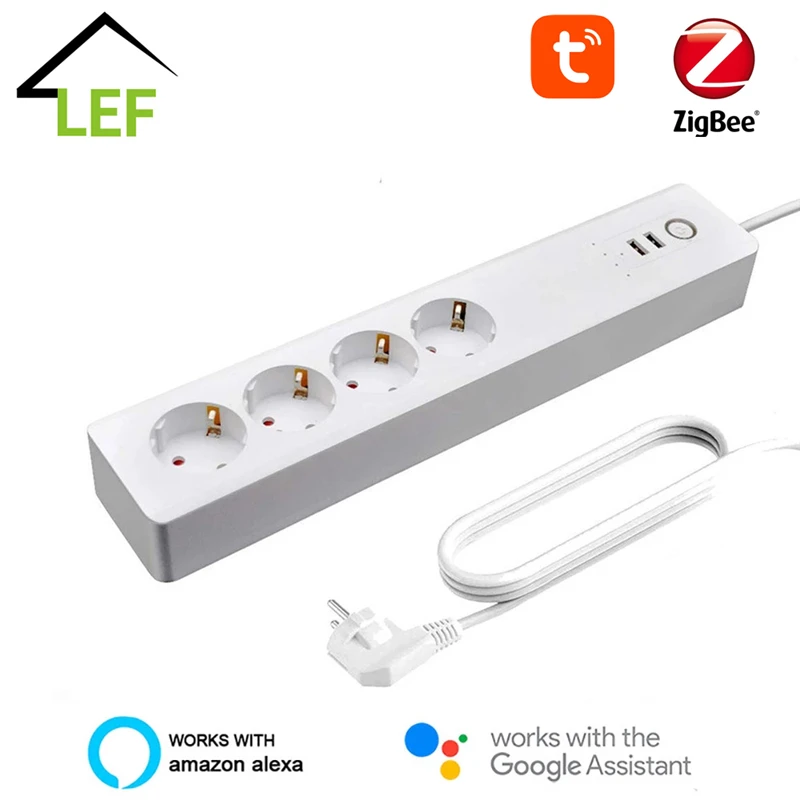 Zigbee Smart Power Strip EU Smart Power Bar Multiple Outlet Extension Cord with 2 USB and 4 AC Plugs by Tuya