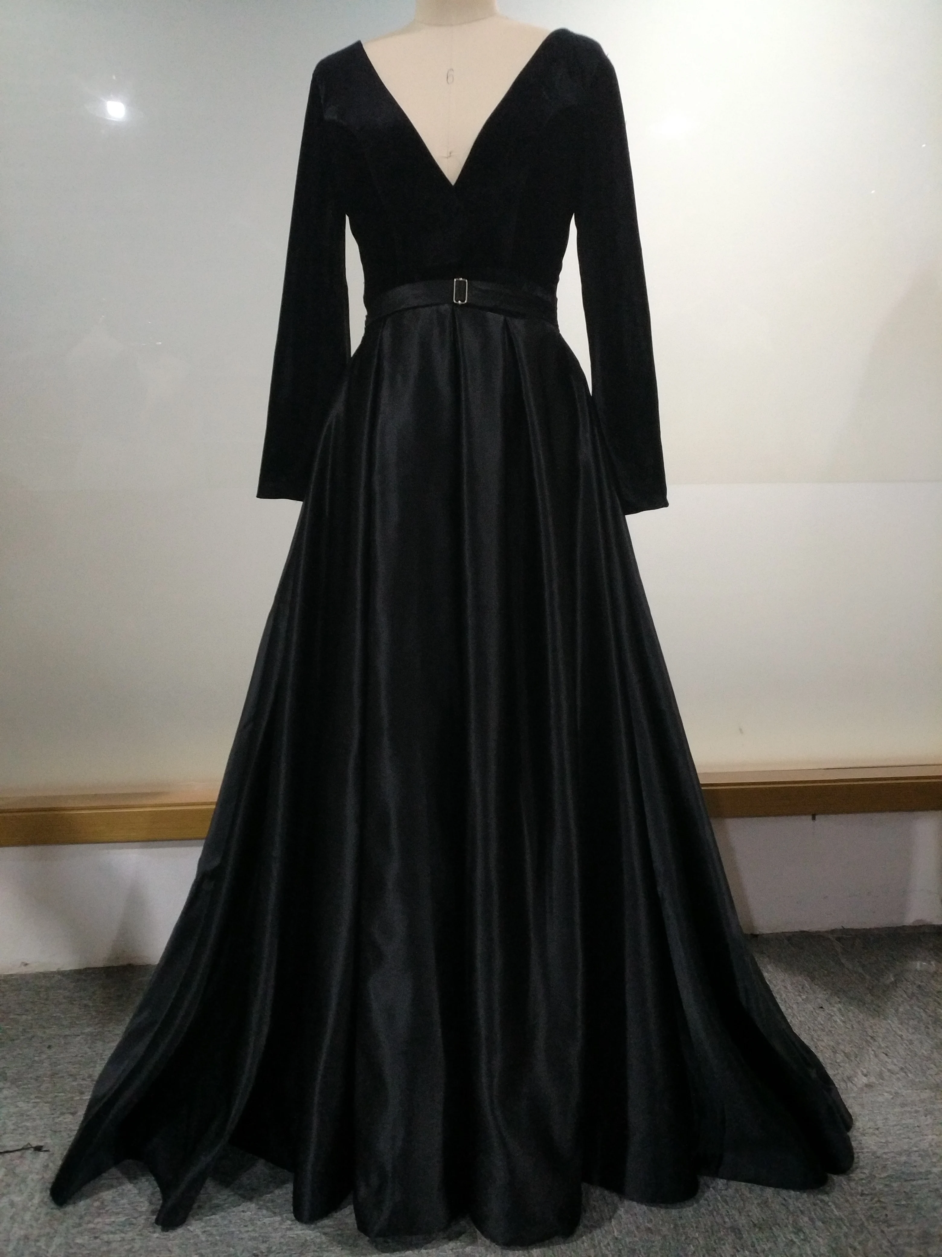 Вечернее платье с длинными рукавами и глубоким v-образным вырезом; vestido de festa; Сатиновые вечерние платья с велюром; Robe De Soiree; abiye gece elbisesi