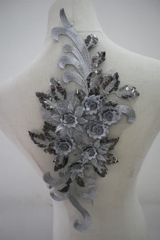 

10 pieces gray sequins 3D lace applique, peach pink gold gray 3D flowers beaded appliques for bridal dress sewing accessories