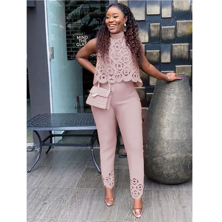 High Street African Sets Hollow Out Trousers Tops Pants Suits Dashiki Dress Bazin Robe Gowns Evening Party Female Outfit Hipster