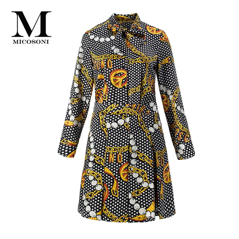 

Micosoni High-end Quality Autumn 2019 Runway Fashion New Polka Pattern Chain Printed Lapel Long Sleeve Slim Shirt Dress Women