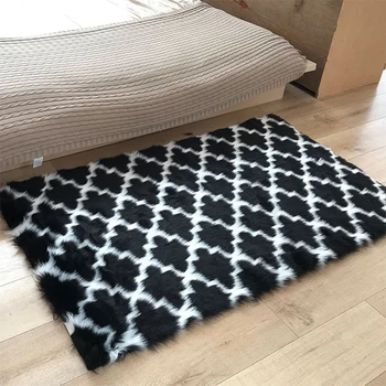 

Moroccan Trellis Area Fluffy Rug Shaggy Bedside Floor Mat Living Room Rug Black And White Faux Fur Home Bedroom Hairy Carpet