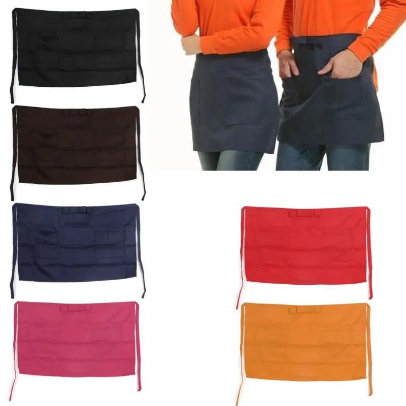 1pc Half Waist Short Aprons With Pockets For Home Kitchen Cafe Waiter Waitress 
