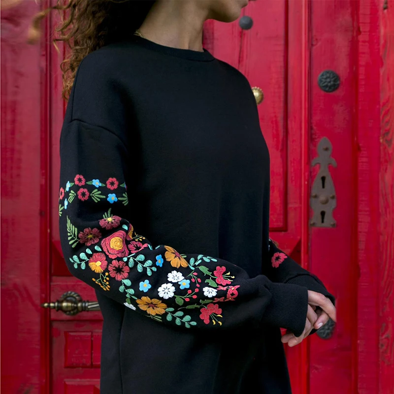 

Dress Women Winter Mini Dress Classic Floral Printed Long Sleeve O-Neck Loose Warm Dress Black Streetwear Vestido 2020