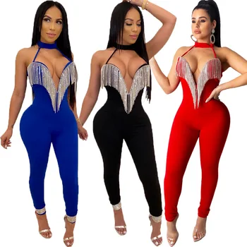 

Sexy Jumpsuit Women Sleeveless Halter Backless Sequin Tassel Night Club Party Jumpsuit One Piece Jumpsuit Women Romper Overalls