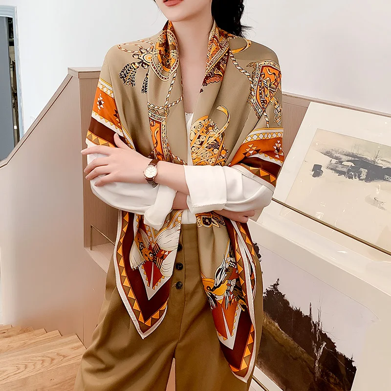 

Carriage Print 100% Silk Scarf Shawl Soft Smooth High Quality Thicken 16mm Fashion Scarves for Women