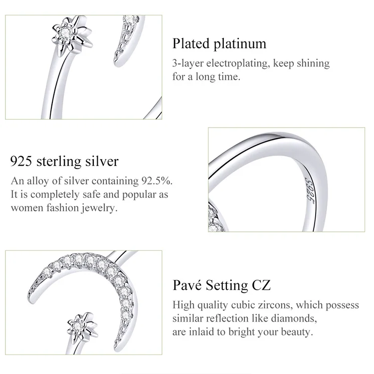 WOSTU, настоящее 925 пробы, серебряная луна, свадебные кольца для женщин, сверкающий циркон, регулируемые кольца, хорошее ювелирное изделие, подарок CQR569