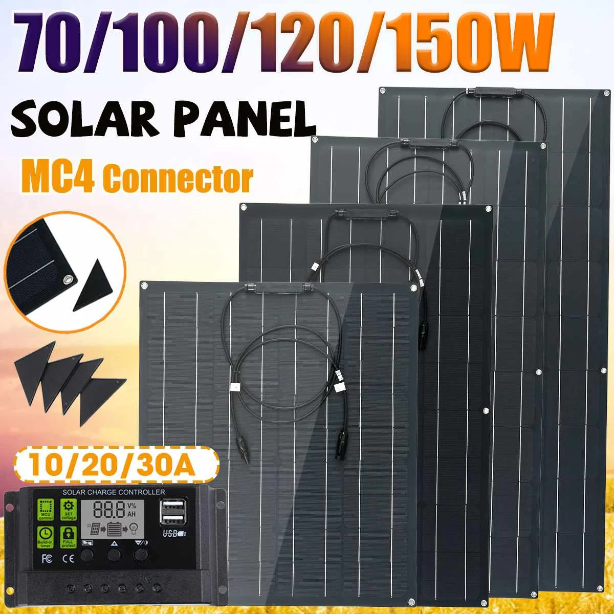 70/100/120/150W Панели солнечные полу-гибкие батареи из монокристаллического кремния с 10/20/30A контроллер для наружного солнечного Батарея Зарядное устройство