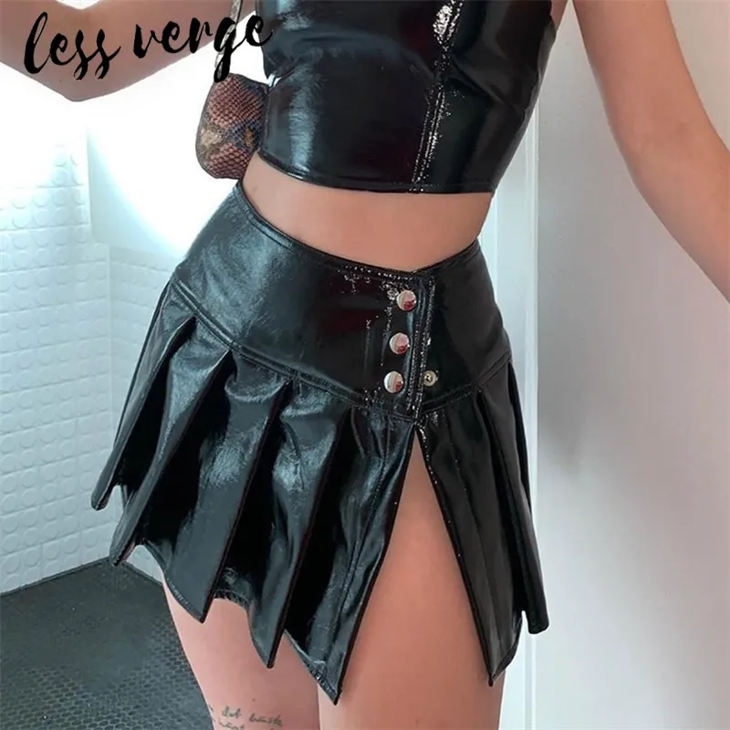 Lessverge, искусственная кожа, на пуговицах, плиссированная черная юбка, Женская мини-юбка с высокой талией, Осень-зима, трапециевидная Байкерская короткая юбка