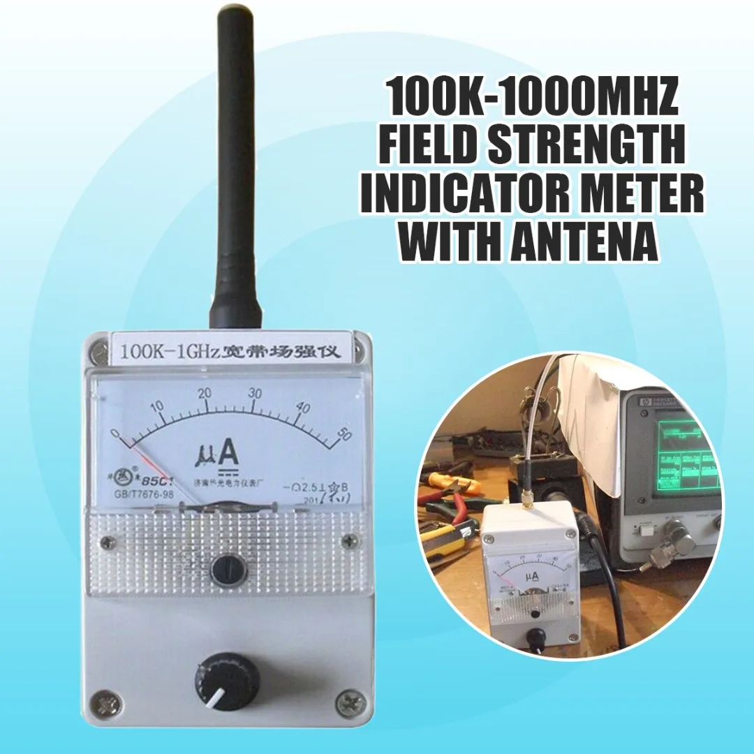 

100K-1000MHz Field Strength Indicator Meter High Sensitivity Adjustable Pointer Amplitude RF Signal Level Meter with Antenna